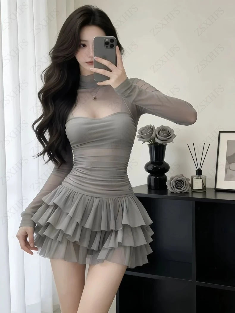 Korea Kawaii Sexy Dresses Punk Aesthetic 2000s Summer Sexy Girl Gentle Dress Chiffon Perspective Trendy Slim Tiered Short Dress