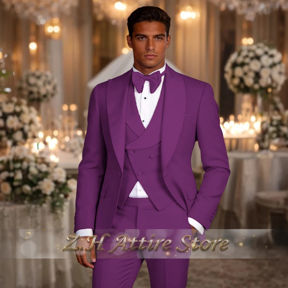 Elegant Pink Men's 3pcs Suit Spliced Satin Lapel Jacket Vest Pants Custom-Made Set for Wedding Groom Cocktail Birthday Party