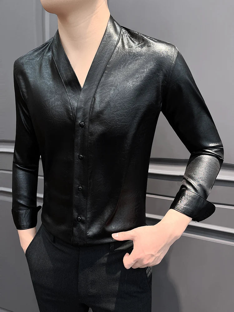 High-End Casual Shirts Men 2025 Spring British Style Slim Fit V-neck Shirt Long Sleeve Business Social Wear Men Clothing