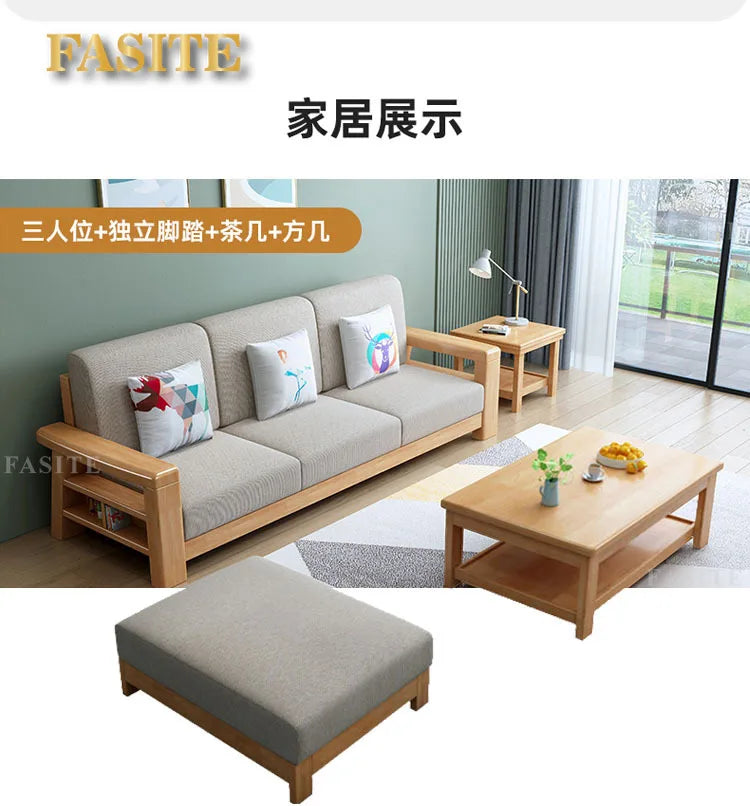 Nordic solid wood three-person sofa, modern simple fabric, small apartment concubine coffee table combination furniture
