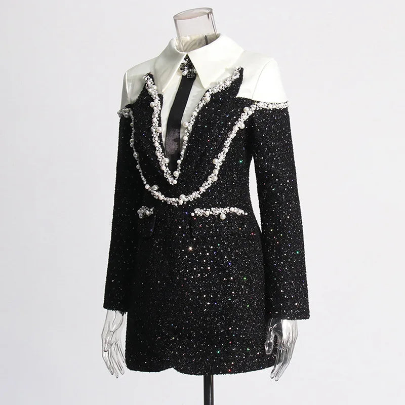 2025 Dress Women Female Clothing Fashion Summer New Sequined Contrast Color Heavy Beading Slim Fit Long Sleeve A-line Dress
