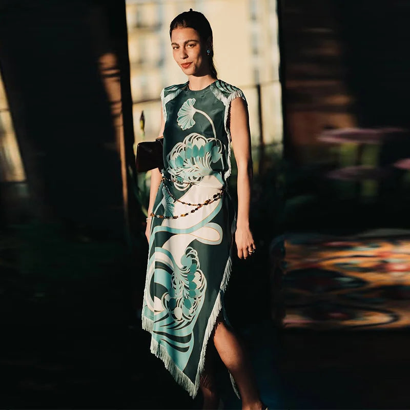 Printed Women's Dress Half Sleeve Round Neck Long Dress Tassel Hem Dress Daily Fashion Outfit Suitable for Date Party 2026