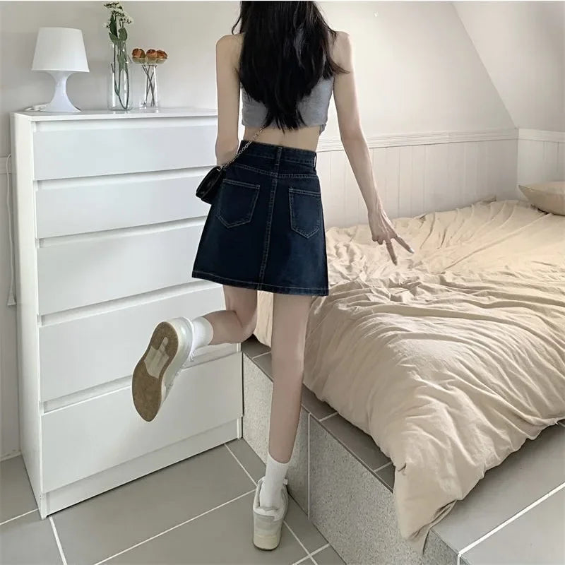 Women's Denim Skirt Retro Blue High Waist Female Jeans Skirts Streetwear Premium Modest Korean Fashion Stylish A Line Vintage