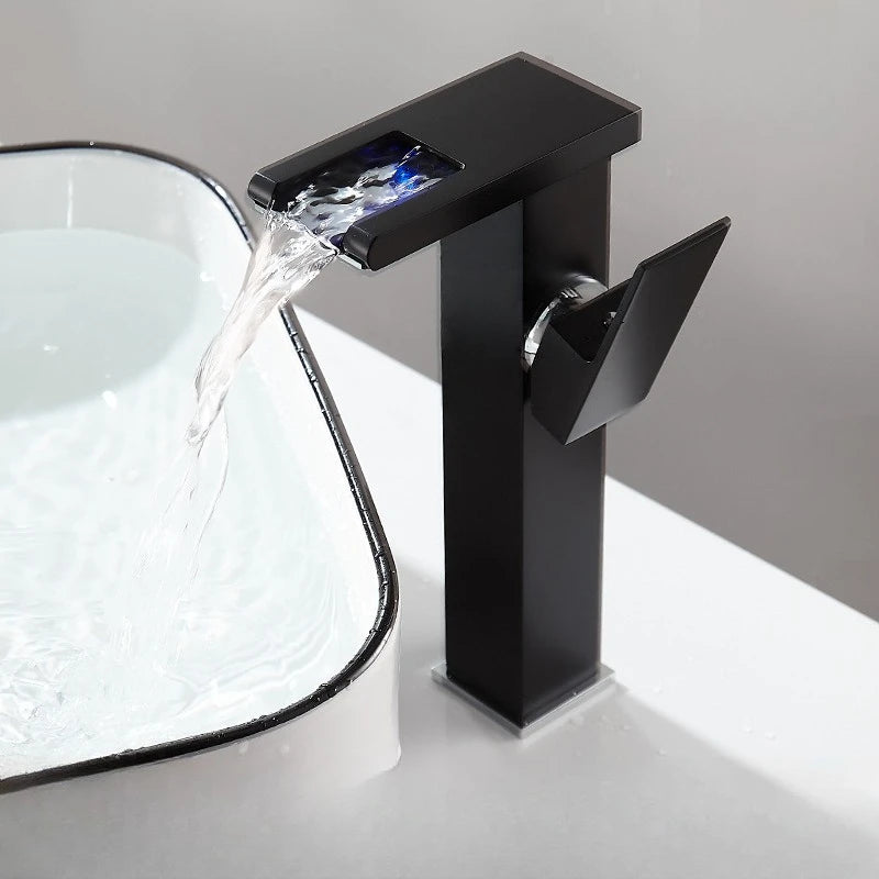 Black Bathroom Sink Faucet Single Hole Cold and Hot Water Mixing Valve Faucet 3 Colors Changing Color Changing Waterfall Faucet