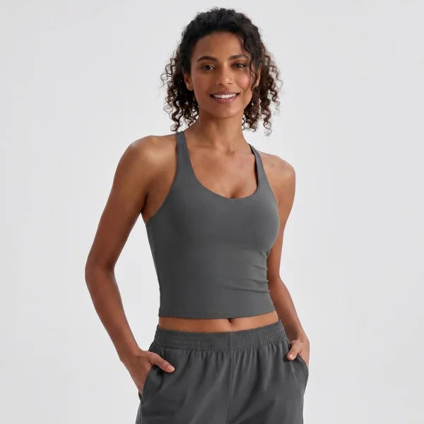 Longline Yoga Tank Top with Built in Bra Women Quick Dry Gym Camisole Workout Shirts Soft Slim Fit Sports Vest Athleisure
