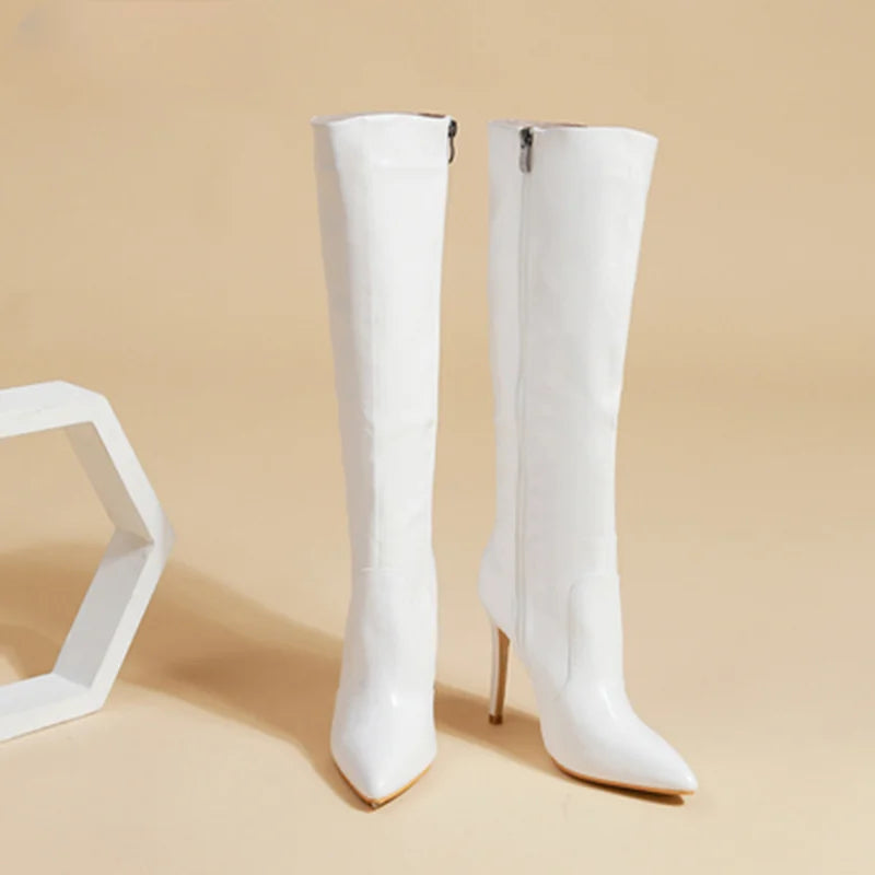 Women's Fashion Elegant Pointed Thin Heel Knee High Long Boots2024 Spring/Autumn PU Panel Side Zipper Boots Western35-42