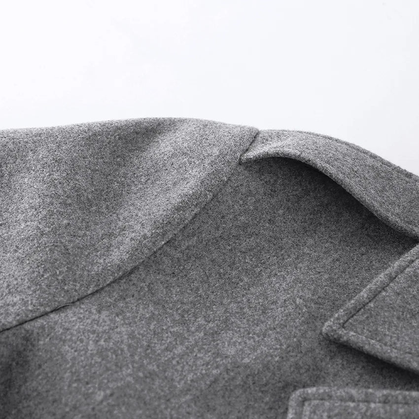 Gray Wool Blend Coat Notched Lapel Double Breasted Long Sleeve Cuff Detail Loose Mid-Length Women Commuter Woolen