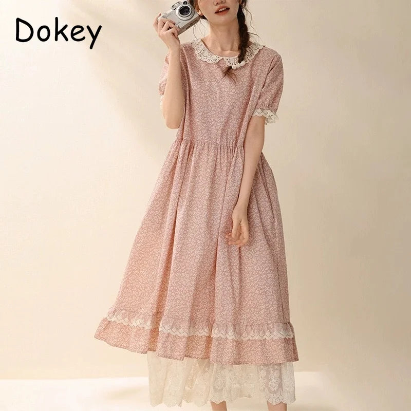 Vintage Ruffled Cotton Linen Flower Dress Women's New Summer Peter Pan Collar Short Sleeve Loose Boho Dress Casual Midi Vestidos