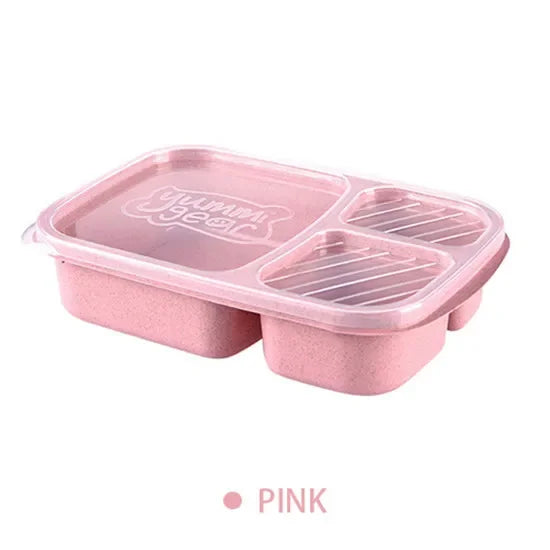 1pcs Lunch Box 3 Compartments Wheat Straw Rice Preparation Lunch Box with Transparent Plastic Cover Food Storage Container