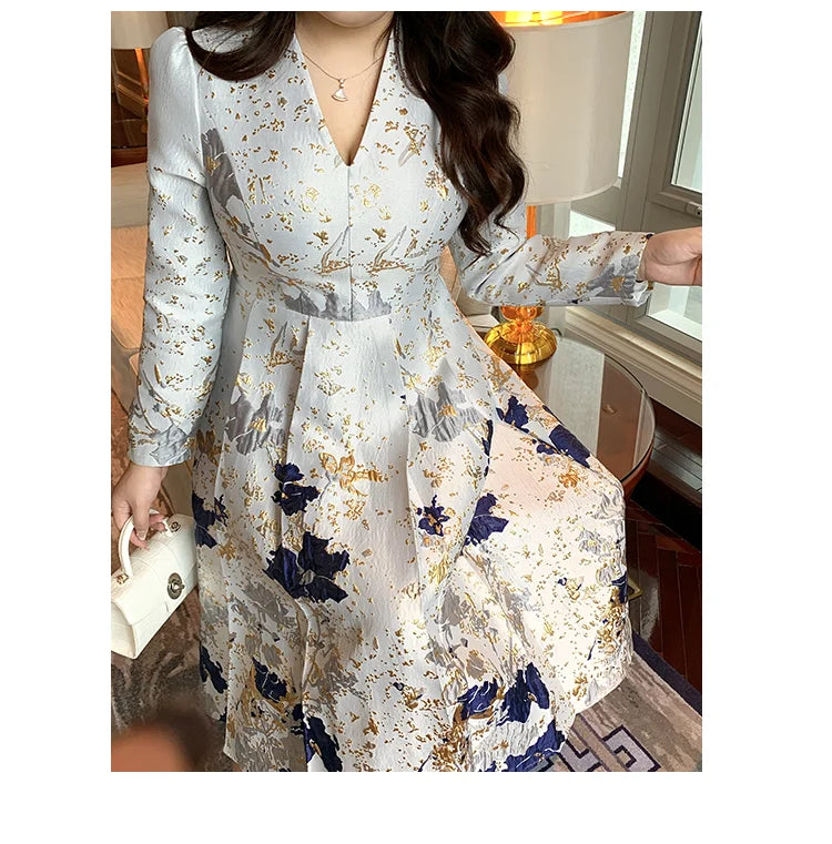 Big Size Spring Summer Jacquard Dress Occasion V-Neck Brocade Dress Women Long Sleeve Party Evening Clothing Mid-Calf Ball Gown
