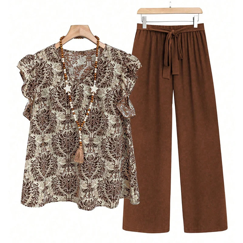 Summer Women Casual Two Piece Sets Vintage Printed Short Sleeve Loose Shirt High Waist Drawstring Pants Women Homewear