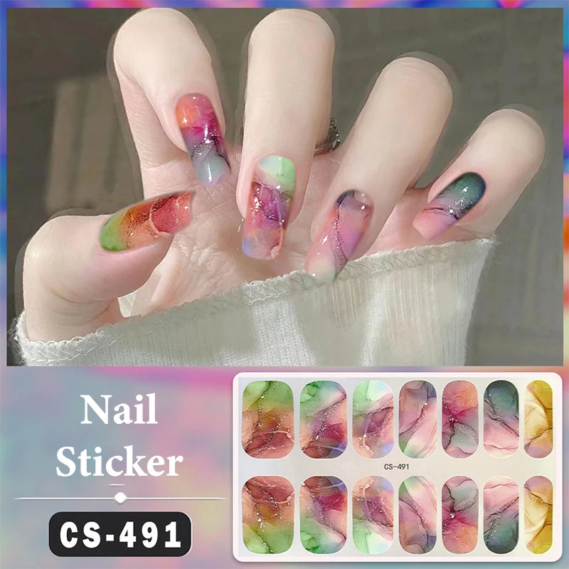 No Baking Lamp Waterproof Nail Wraps Full Cover Nail Stickers Firm And Not Easy To Fall Off 14 Nails/Set Multi Color Nail Patch
