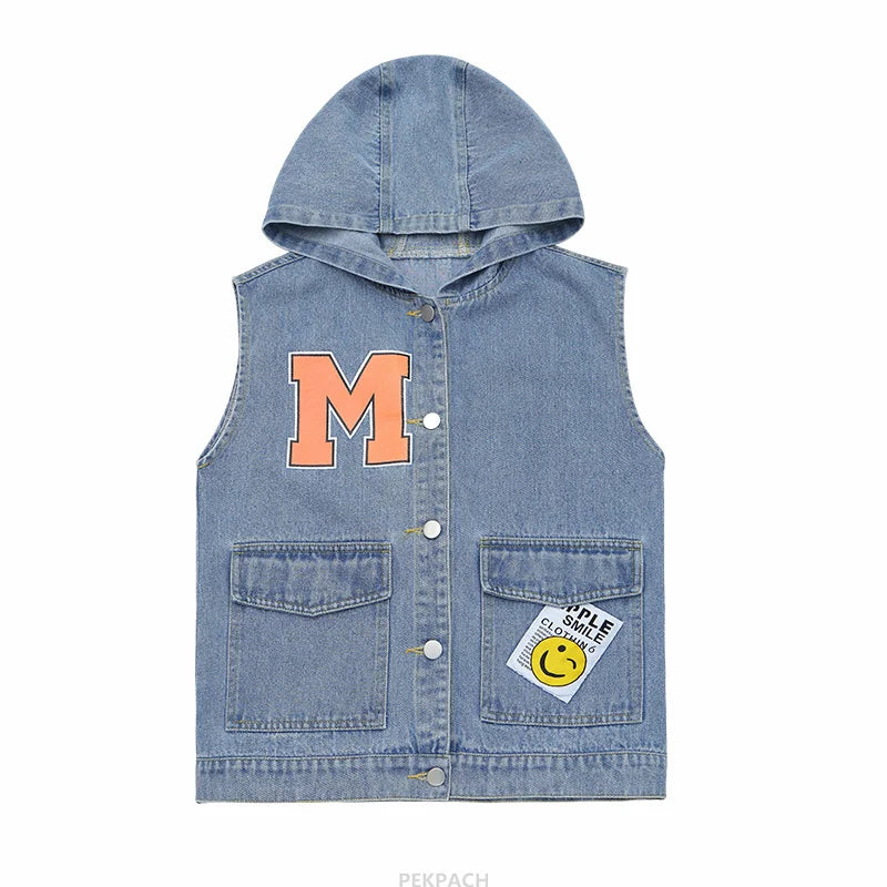 Korean Kids Vintage Hoodies Denim Vest For Girls Casual Streetwear Clothing Teens Child Hooded Denim Waistcoat Jacket Outfits