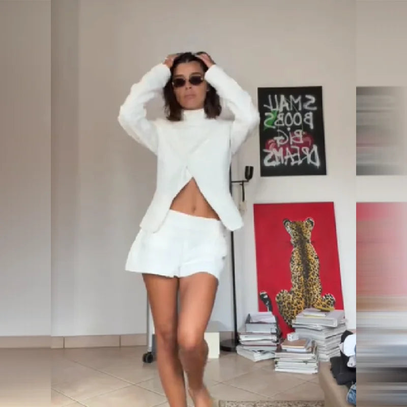 2026 New Women's 2 Piece Set High Neck Long Sleeve Twisted Cut Out Top + Shorts Suit Elegant Casual Office Streetwear Outfit