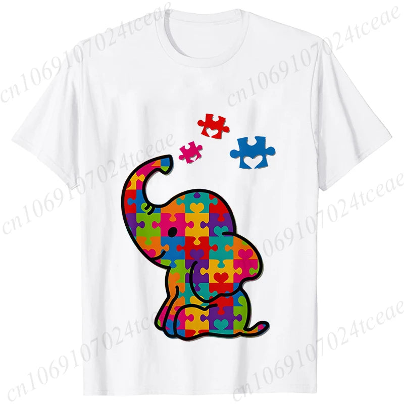 Elephant Autism Awareness Puzzle Adults Kids T-Shirt Fashion Acceptance Neurodiversity Shirt Summer Short Sleeve Tees