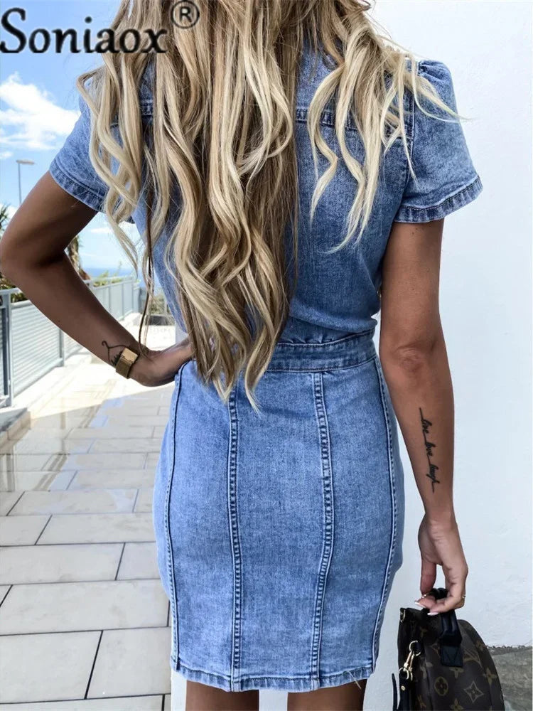 2022 Summer New Retro Light Blue Short Sleeve Denim Dress For Women Fashion Sexy Slim Jeans Dress Office Ladies Casual Clothes