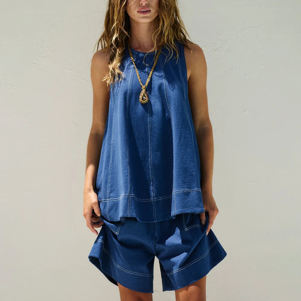 Women Vintage Denim Tops Pant Sets Two 2 Pieces Sets A-Line Tank Cami Sleeveless Shorts Pockets Retro Jeans High Street Outfits
