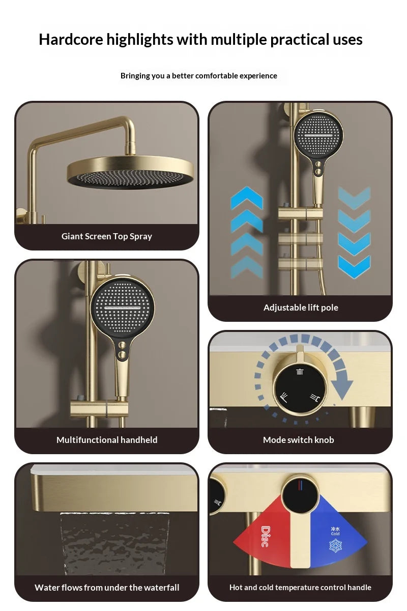 Premium All Copper Shower Set with Heated Waterway Shelf Dual Valves Hot Cold Multi Function High Pressure Shower Head Shower