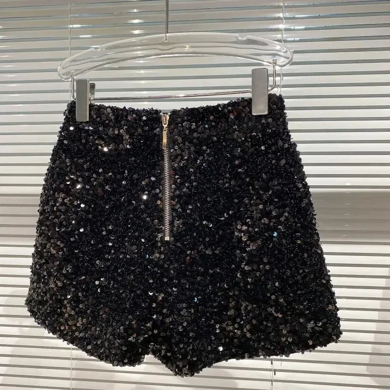 Spring/summer new Spice Girls sequin zipper shorts Slimming suede embroidered beaded casual pants