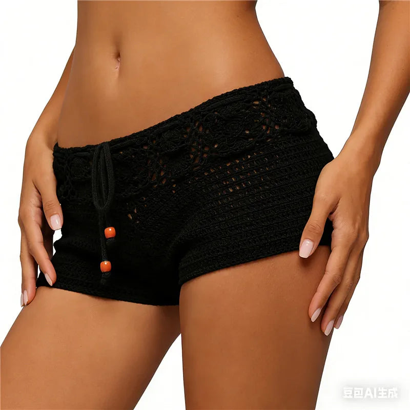 Boho Crochet Knit Shorts Women Hollow Out Asymmetrical Drawstring Waist Beach Hot Pants Festival Rave Outfit Summer Streetwear