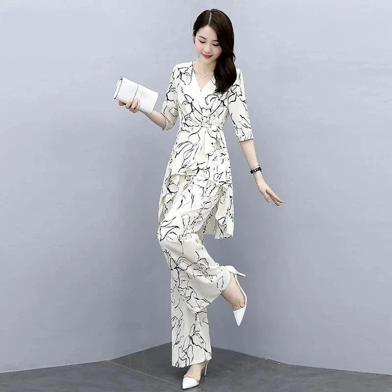 2 Piece Set Women Casual Fashion Printing Pants Suit Short Sleeve Tops +Wide Leg Pants 2 Piece Outfits Women White Set Summer4XL