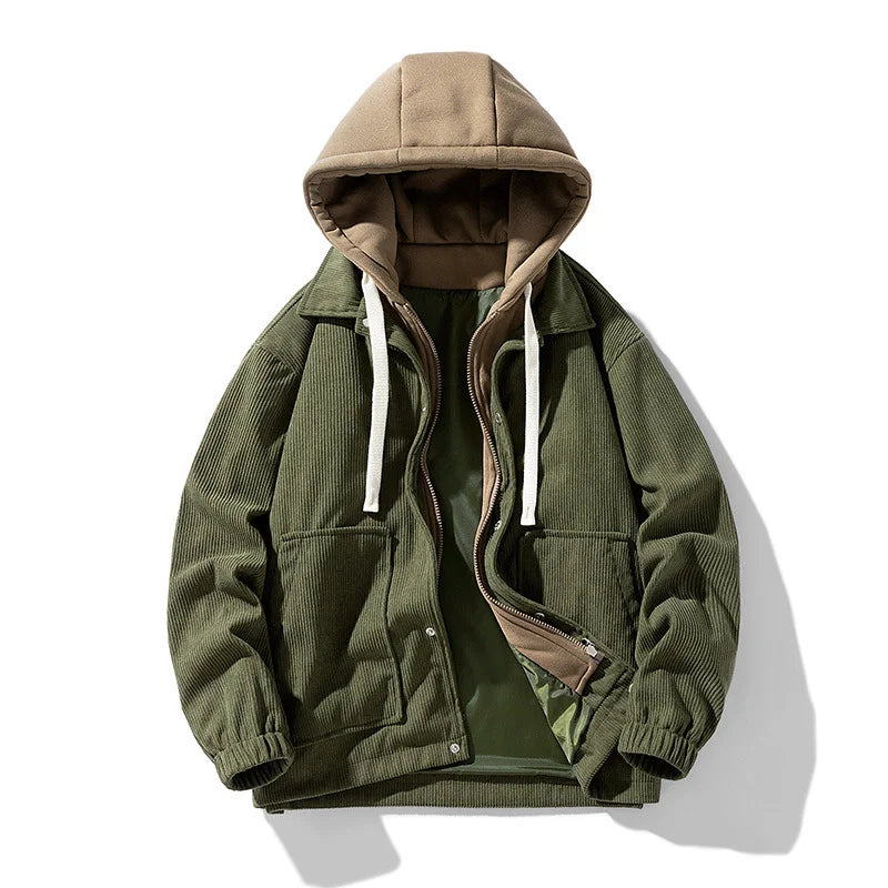 2025 New Corduroy Jacket Men's Harajuku Japanese Windproof Warm Fake Two-piece Hooded Coat Womens Casual Loose Pocket Jacket 4XL
