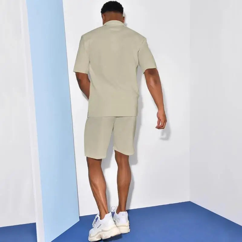 2026 Men's Summer Solid Casual Sets Comfy Cotton Linen Short Sleeve Lapel Shirt and Shorts Two Piece Sets Men Loose Sport Outfit