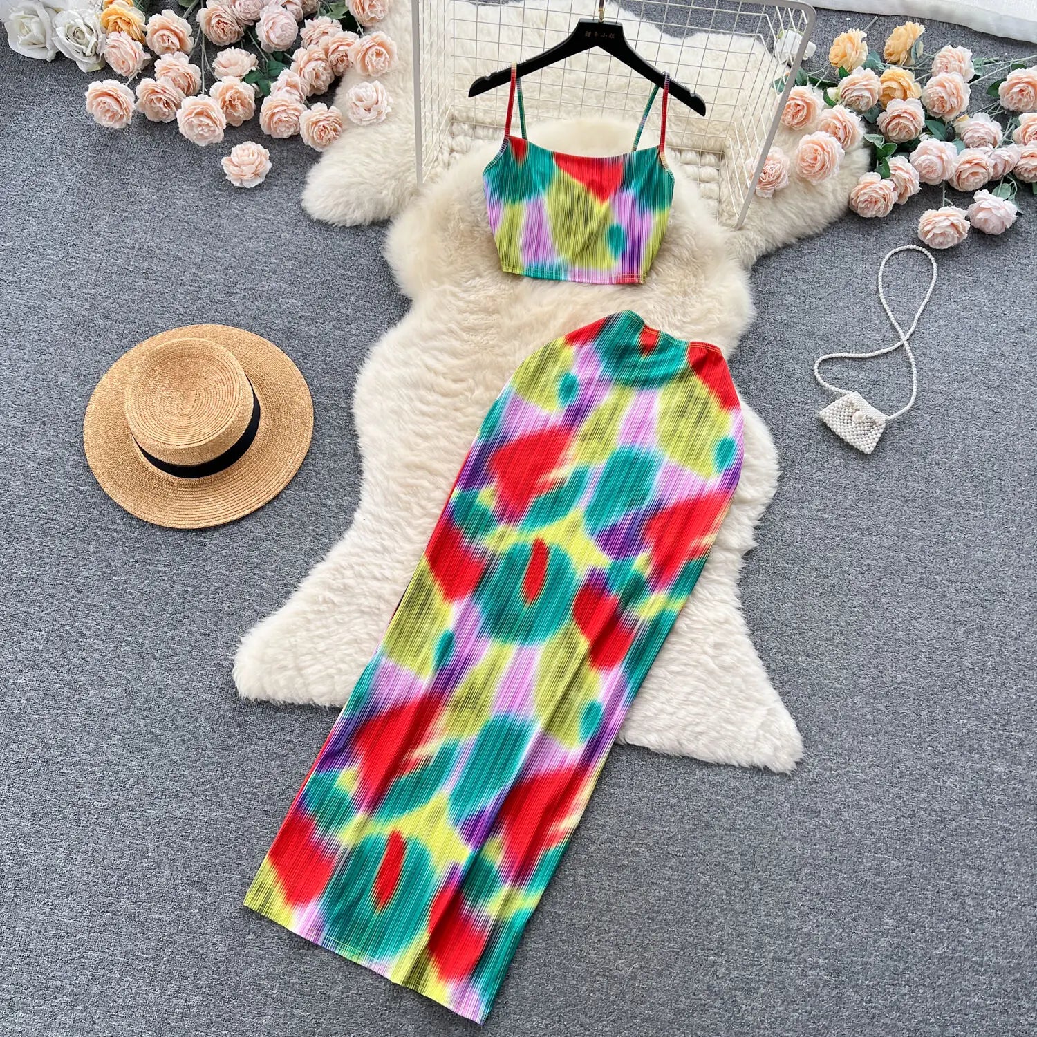 Retro Style Printed 2 Pieces Set for Women Fashion Summer Sleeveless Cropped Camis Top + Elastic Waist Bodycon Long Skirt Suits