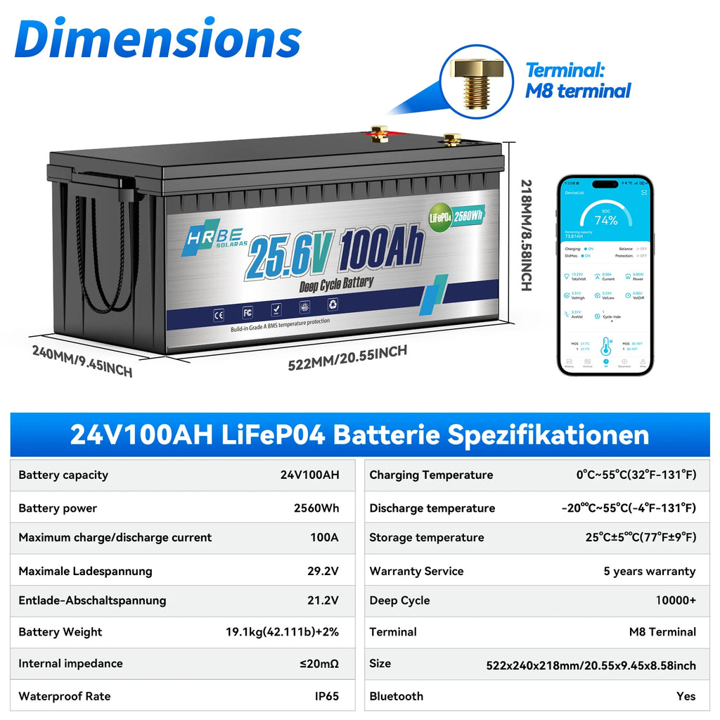 HRBE 24V 100Ah LiFePO4 Battery Bluetooth With BMS 8000+Deep Cycles For Camper RV Home Energy Solar Trolling Motor 24V Lithium Battery
