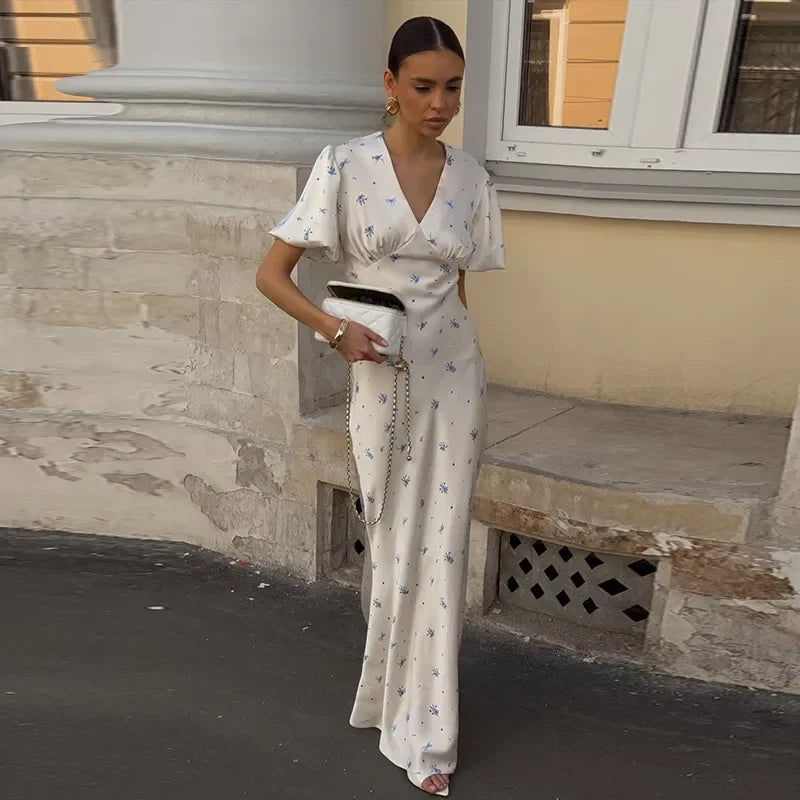 Elegant Print Women Long Dress Fashion V-neck Pleated Flutter Short Sleeve Empire Female Dresses 2026 Summer Chic Female Robe