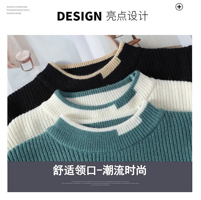 Mock Neck Knitted Sweater Men Women Autumn Winter Daily Casual Warm Knitting Pullovers Men's Fashion Patchwork Pullover Sweaters