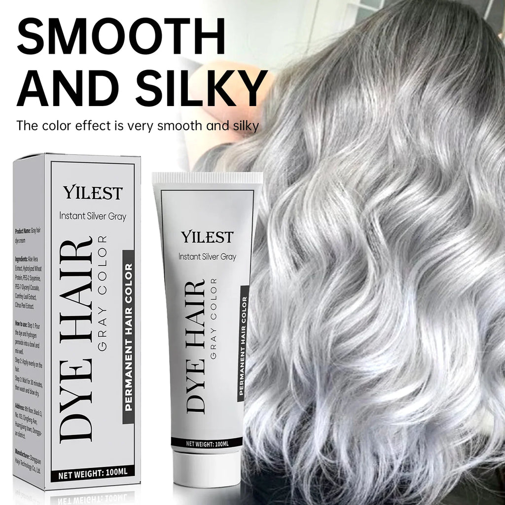 Smoky Silver Grey Hair Dye Cream 100ml - Quick Coloring, Long-Lasting & No Damage DIY Styling for Professional Look.