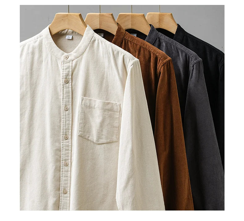 DUKEEN Corduroy Stand Collar Long Sleeve Shirt for Men 100% Cotton Spring and Autumn Casual Men's Clothing