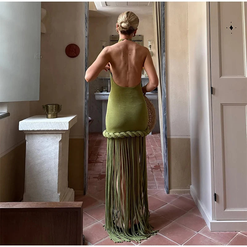 Women Solid Braided Trim Cutout Maxi Dress Sleeveless High Slit Bodycon Fit Gown 2026 Summer Elegant Evening Formal Party Outfit