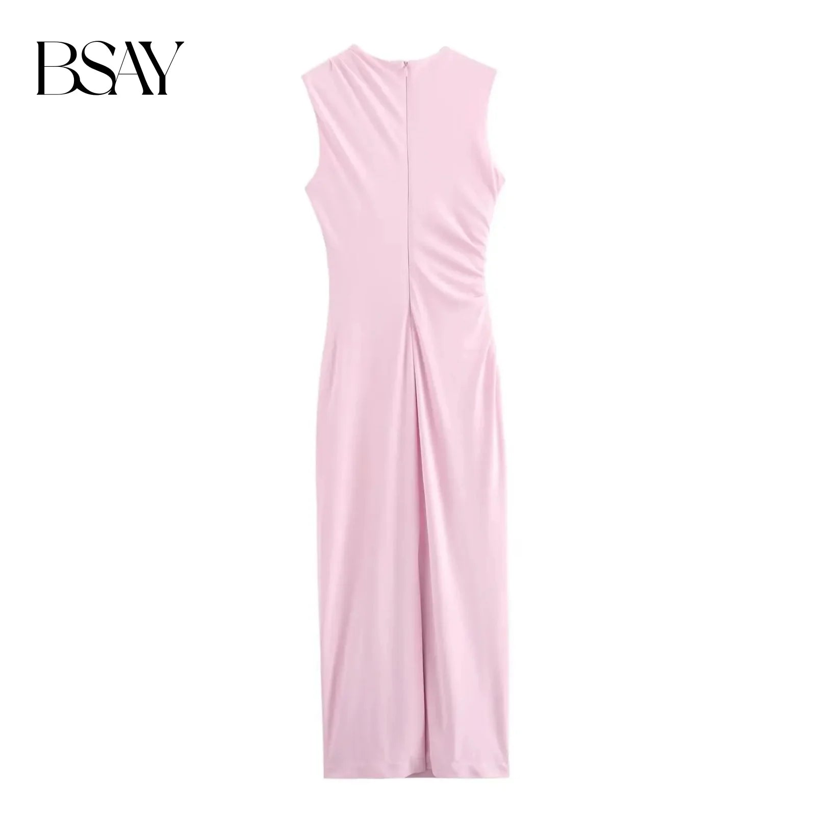 BSAY Women Fashion Summer New White Pleated Back Zip Sleeveless Crewneck Vest Long Dress Chic Female Elegant Evening