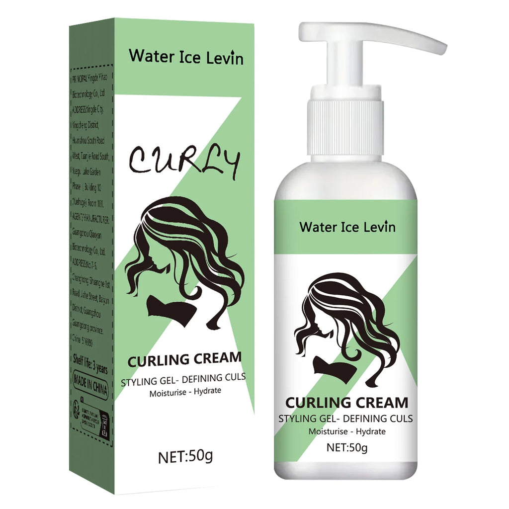 Water Ice Levin Curling Cream Styling Gel Defining Curls Moisturising Hydrate Soft Flexible Feel Curly Hair Care 50g