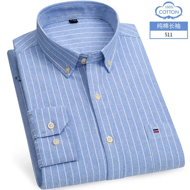 S-6XL Oxford Shirts for Men Long Sleeve Pure Cotton Solid Stripe Leisure Embroidered Horse Streetwear Business Plain Office 6XL