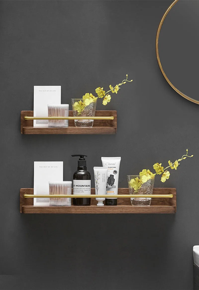 Brushed Gold Solid Wood Bathroom Shelf Wall Mounted Bathroom Storage Rack Towel Rack Bath Shower Shelf Bathroom Shelves