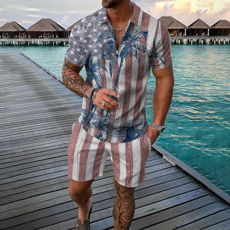 Men Zipper Polo Shirt Suit 2 Pcs Tracksuit Summer 3D Print Beach Boho Geometric Style Holiday Clothing Ensembles De Sport