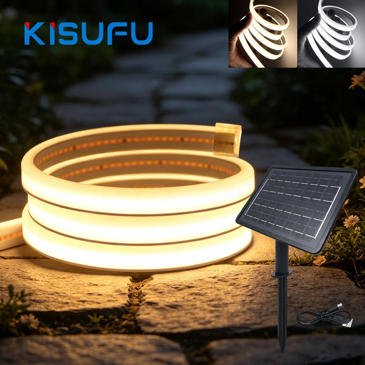 24V Solar COB LED Strip Neon Outdoor Waterproof Garden Lighting White Natural Warm 320LEDs/M Flexible Silicone Tape 0.5m-10m