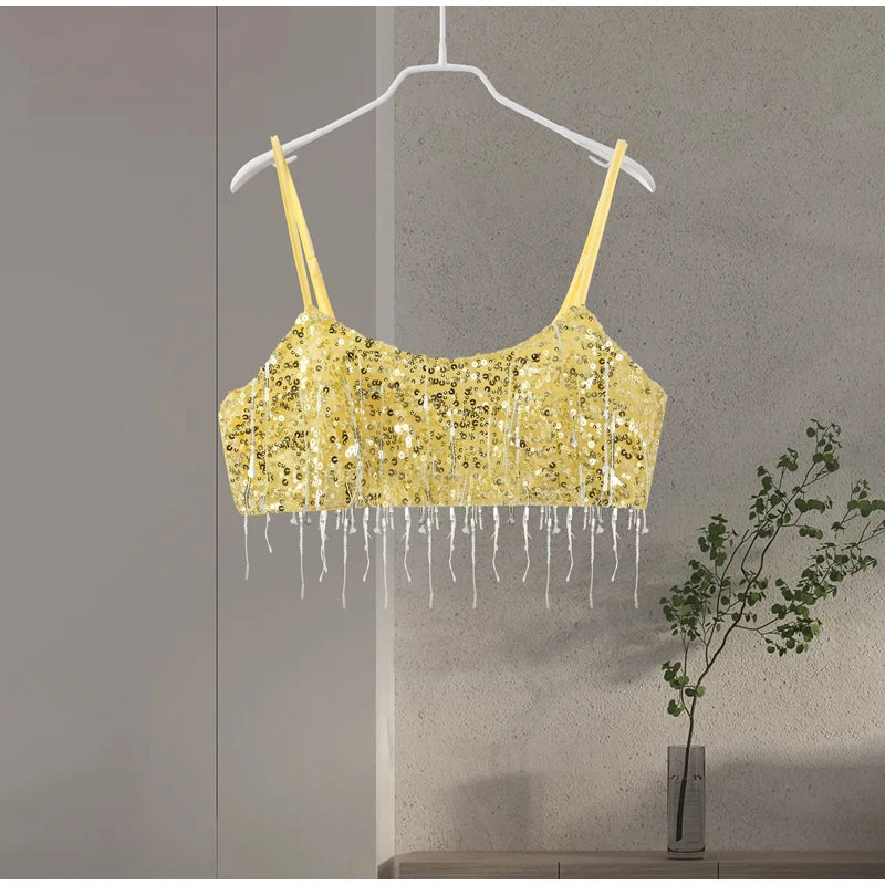 Sexy Tassel Sequins Vest Mini Skirt Women Crop Sling Vests Short Hip Package A-line Skirts 2026 Summer Lady Beach Party Outfits
