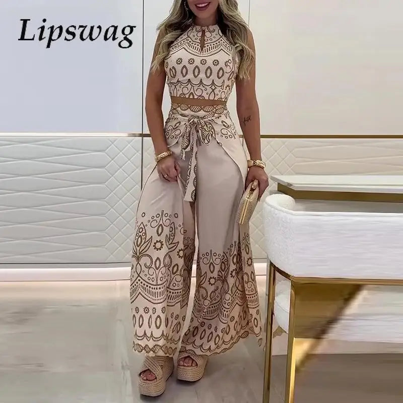 Elegant Halter Sleeveless Blouse & Lace-up Pant Set Casual Lace-up Party 2Pc Outfit Women Fashion Pattern Print Bohemian Outfits