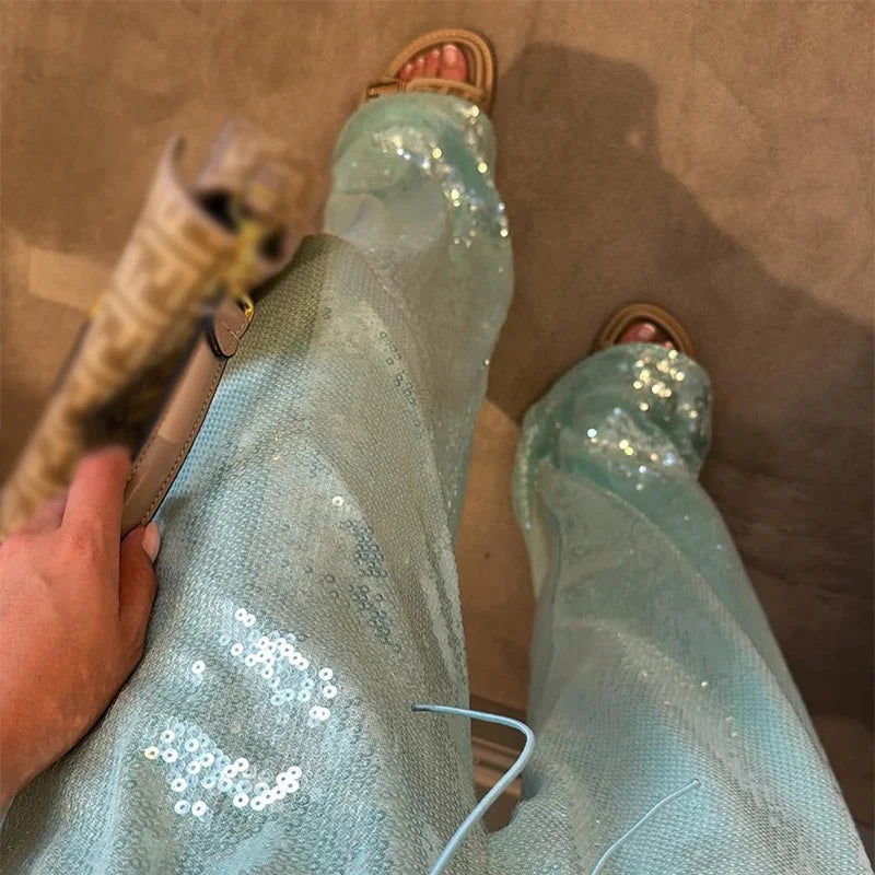 Street Sequin Women's Pants Lace Up Elastic Low Waist Female Wide Leg Trousers 2026 Summer Shiny Loose Club Party Lady Pant