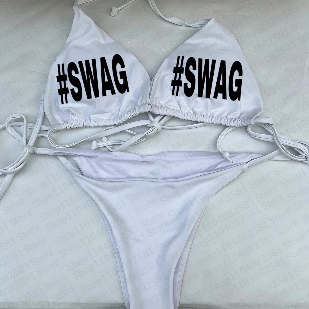 Gothic Y2K fashion letter print garbage sexy hip-hop rock swimsuit bikini retro 2000s female punk new beach swimsuit emo punk