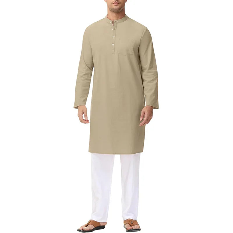 2025 New Fashion Men's Cotton Long Sleeve Stand Collar Knee Length Casual Trendy Solid Color Jubba Thobe Male Muslim Clothes