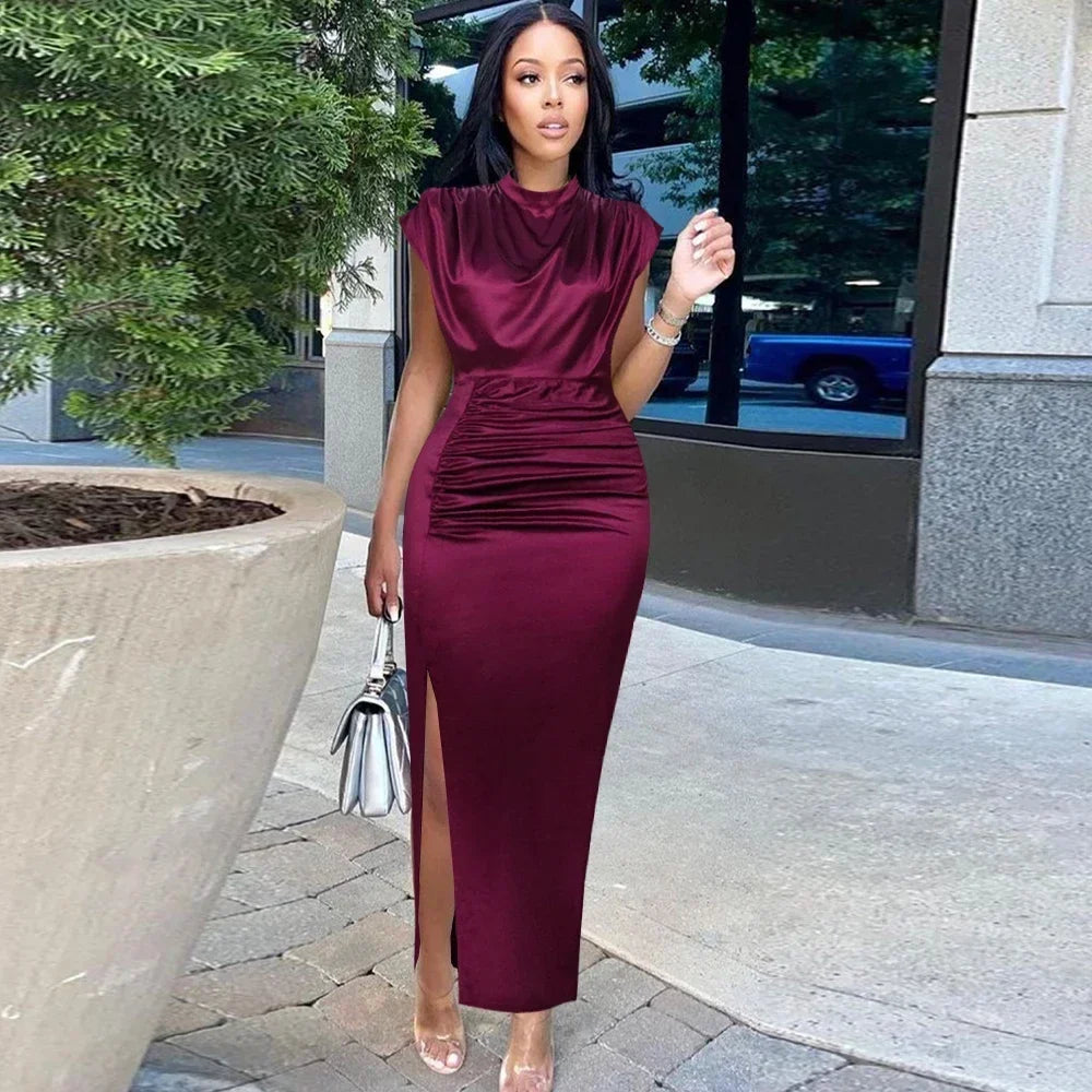 Customized Customized European and American Women's New Colored Satin Zipper Split High Grade Dress Long Floor Length Dress