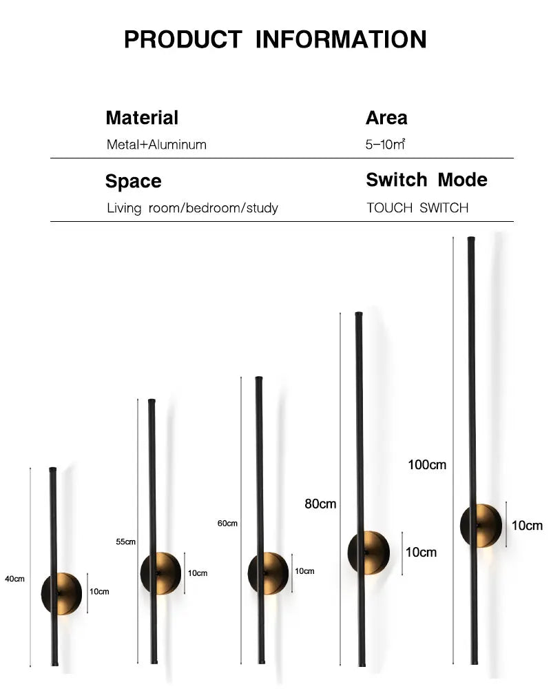 Nordic LED Wall Lights with Touch Dimmable Switch Black 40/55/60/80/100cm Interior LED Wall Lamps Wall Sconce Lighting Fixtures