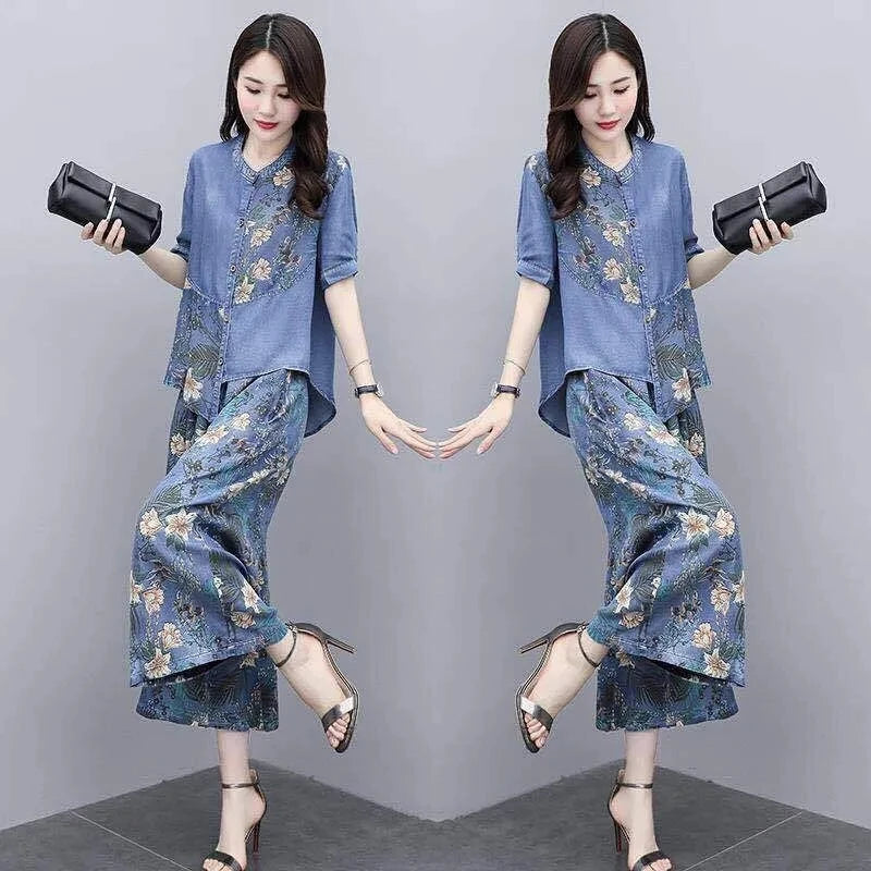Ethnic Style Denim Wide Leg Pants Sets For Women Spring Summer NEW Embroidery Cowboy Jacket +Jeans Pants Suits Female Outfits