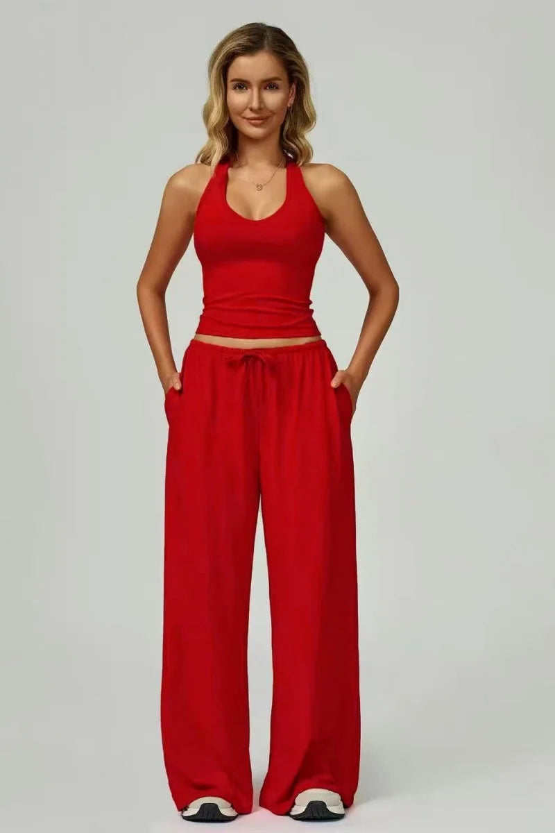 European and American fashion women's trousers set comfortable wide-leg trousers set loose casual pants women's sports fitness e