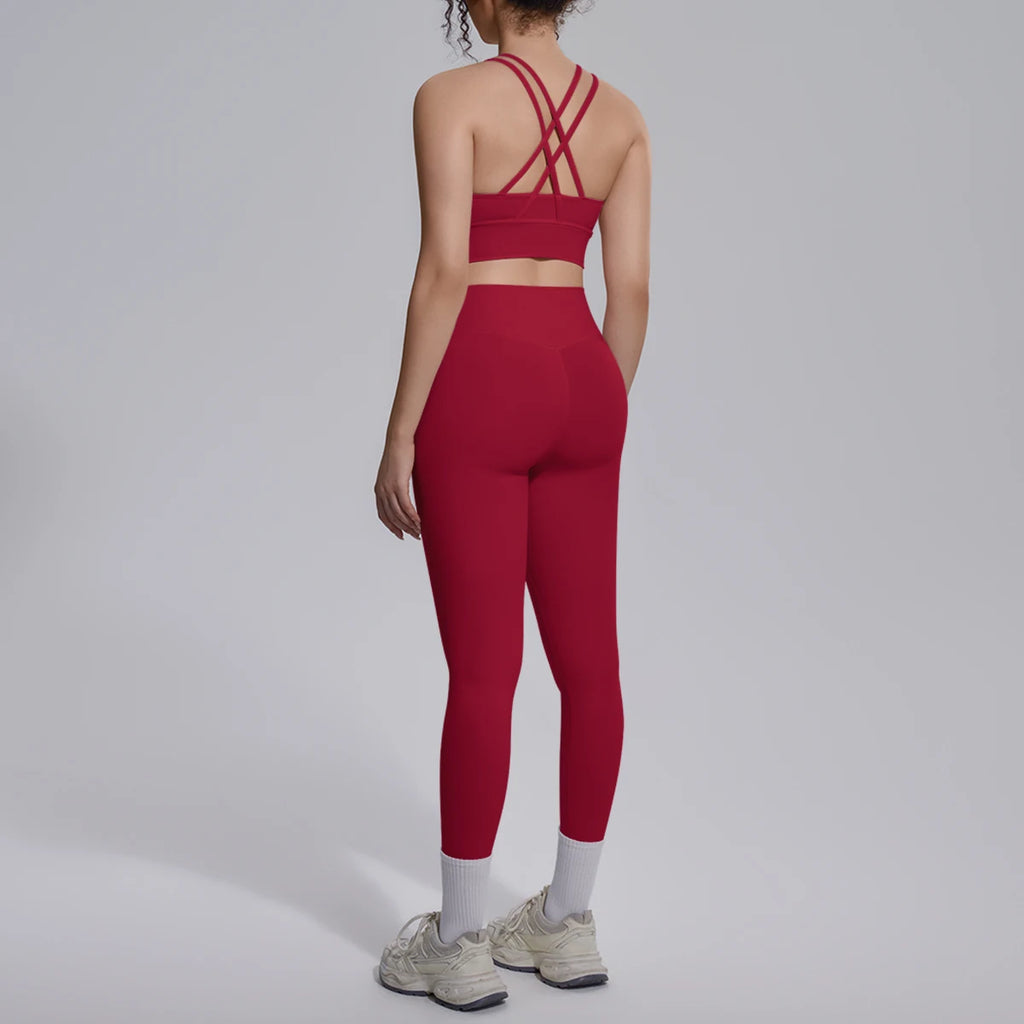 2PCS Yoga Set Summer Gym Sports Running Yoga Clothing Solid Color Cross Bra Workout Top High Waisted Quick Drying Fitness Pants